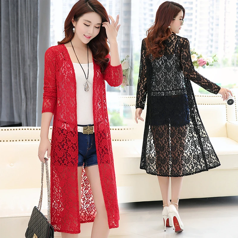 

Summer Thin Red Long Cardigan Lace Beach Sun Protection Clothing Plus size Hollow Out Coat Casual Ladies Shawl Jacket Mujer 5XL