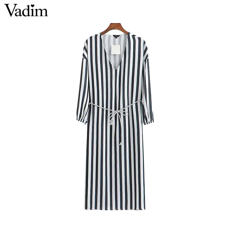 

Vadim women elegant striped V neck mid calf dress sashes three quarter sleeve female office wear midi dresses vestidos QB680