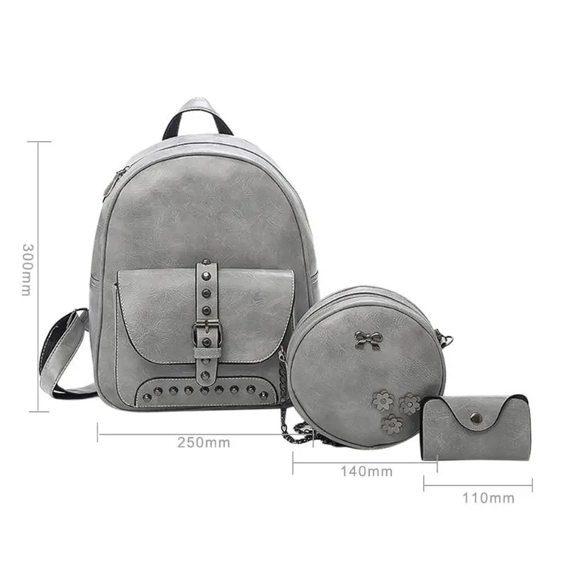 Mochila De 3 unids con remaches para mujer, con solapa sólida, bolsillo, cremallera, Casual, compuesta, Mochila de cuero para adolescentes, Mochila femenina, saco a dos mujeres