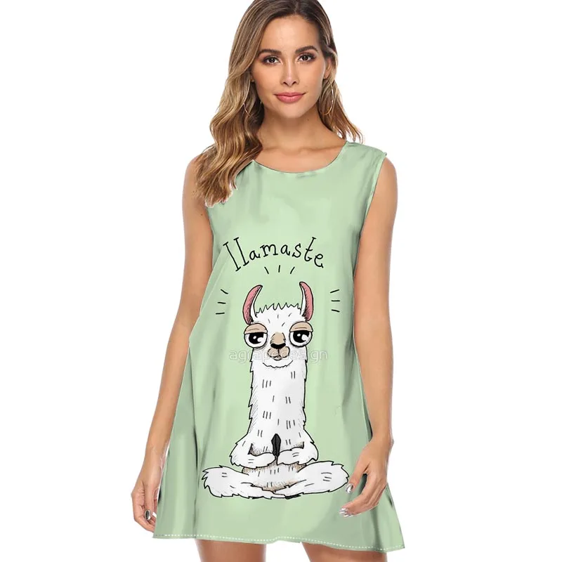 

Fashion Female Summer Boho Beach Dress Llamaste Print Vintage Casual Loose Dress Women Tunic Sleeveless A Line Mini Alpaca Dress
