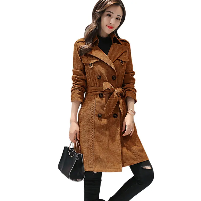 European Style Women Long Windbreaker Corduroy Lapel Coat Spring New