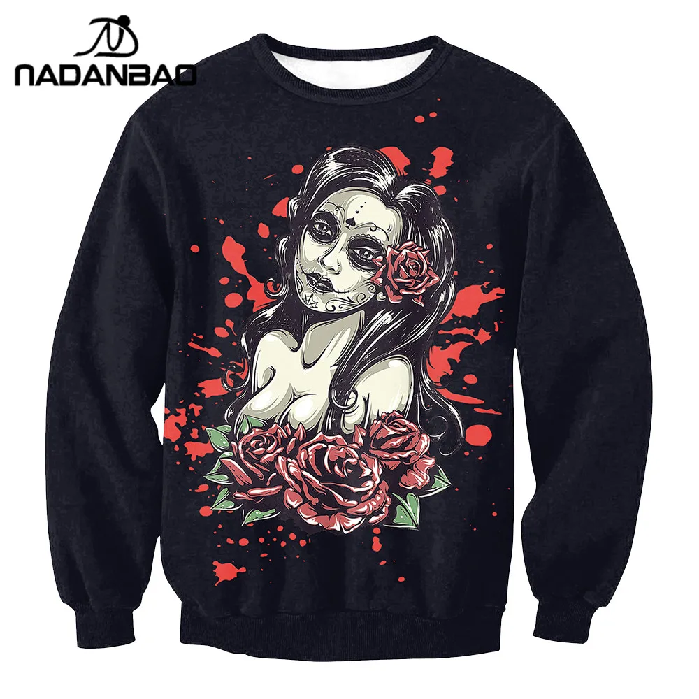  NADANBAO Brand New Fashion Women Hoodies Sweatshirt Skull Flower Girl Digital Printed Tracksuit Lon