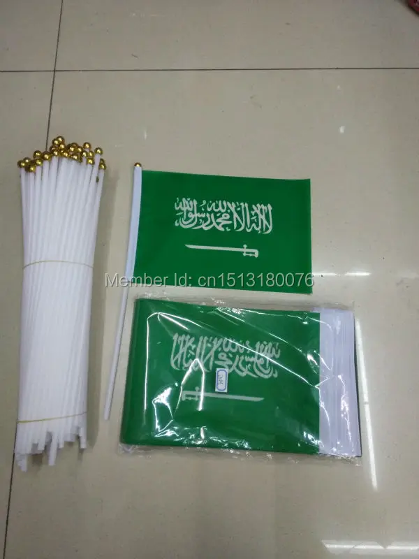 

Free shipping world flags 14 * 21cm hand wave flags Saudi Arabia 100pcs / bag with plastic rod