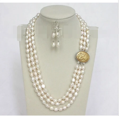 

3row 12mm baroque white pearls necklace dangle Earring seashell clasp j8488^^^@^Noble style Natural Fine jewe FREE SHIPPING