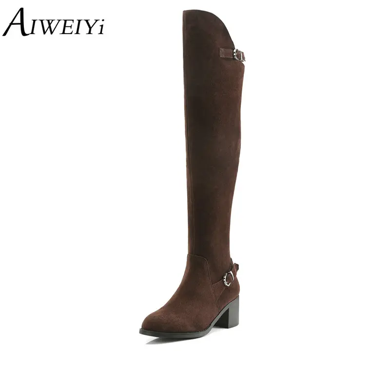 

AIWEIYi Genuine Leather Over The Knee Boots Women Buckle Strap Knight Shoes Woman Zipper Short Plush Winter Footwear Shoes