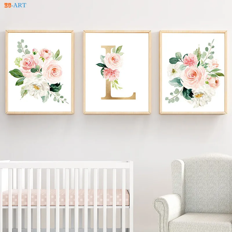 

Modern Canvas Painting Watercolor Flower Blush Elegant Poster Pale Pink Monogram Prints Nursery Wall Art Home Decoration