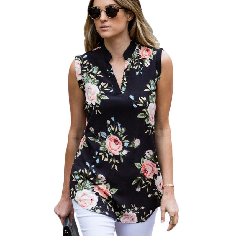 Nueva blusa de verano sin mangas 2019 para blusa informal suelta Floral con cuello en V, camiseta de chifón, Ropa de Trabajo, blusa estilo Oficina|Blusas y camisas| - AliExpress