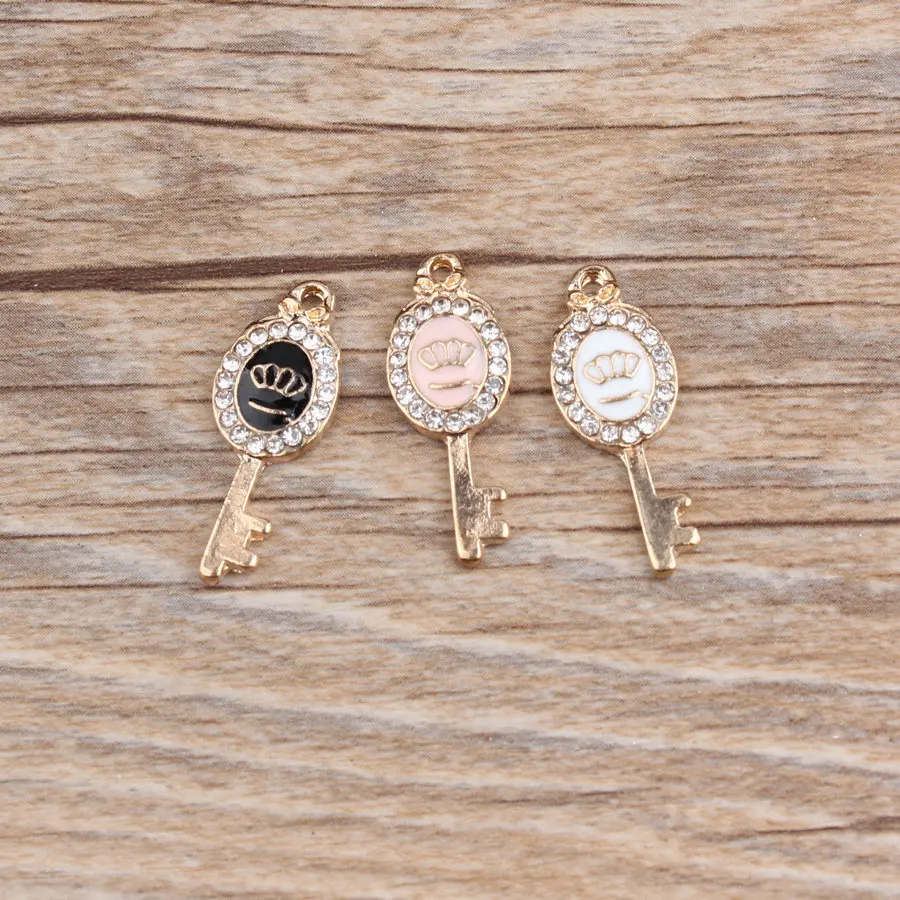 

MRHUANG 10pcs/pack Crown Key Rhinestone Enamel Charms Alloy Oil drop Pendant fit for bracelet DIY Fashion Jewelry Accessories
