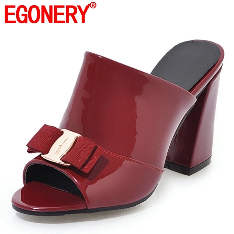 EGONERY/женская летняя обувь; шлепанцы на Высоком толстом каблуке с бантом; сандалии из лакированной искусственной кожи; модные шлепанцы на каблуке 9 см