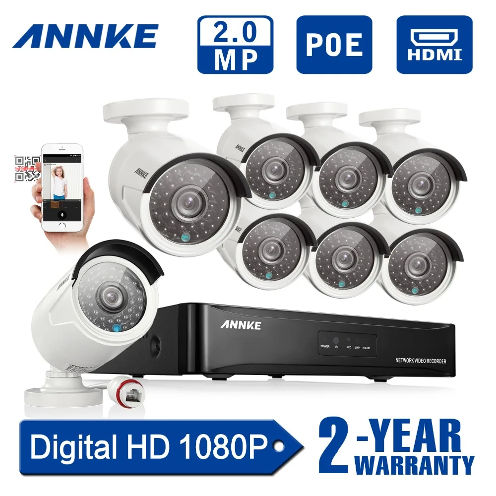 Hotting ANNKE Full 8CH 1080P POE Kit POE NVR 8PCS 2.0mp 3000TVL PoE IP Camera P2P Cloud Service CCTV System Video Surveillance