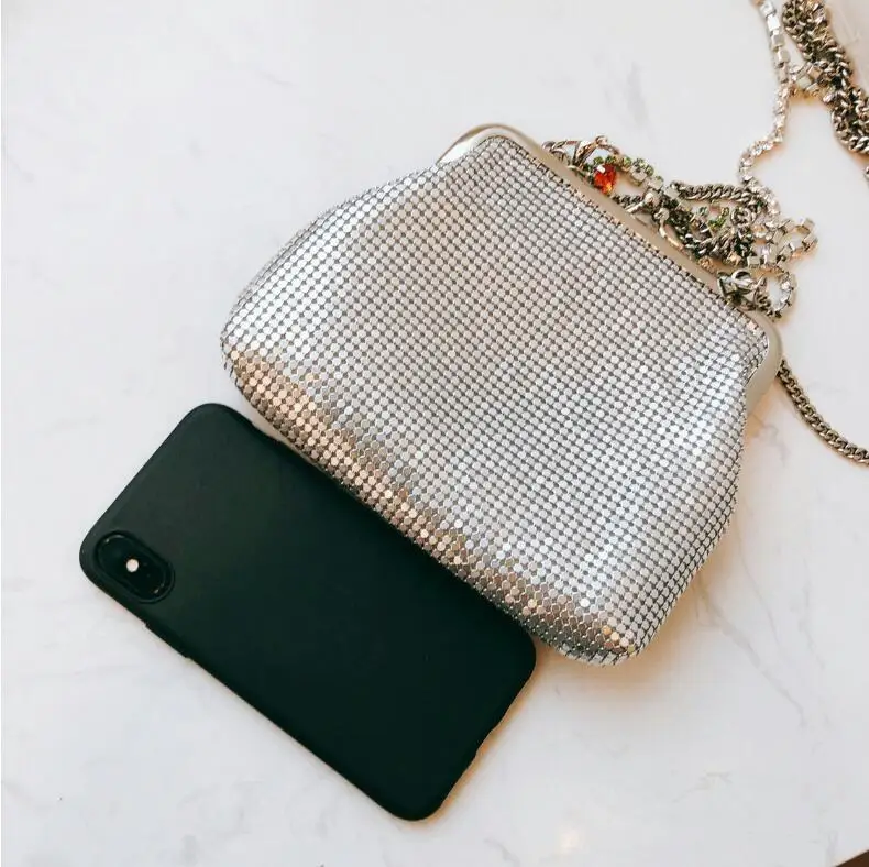 Высококачественная Роскошная мини-сумка для телефона с бриллиантовой цепочкой, дамская сумка из алюминиевого листа, сумка на плечо, Серебряный клатч, вечерняя сумочка, кошелек