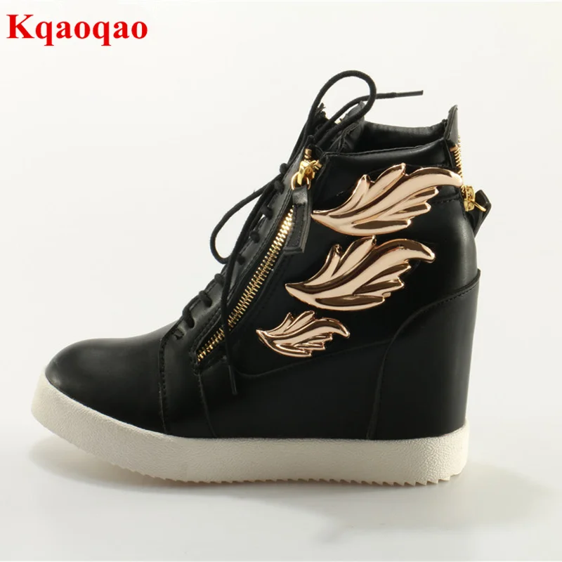 

Height Increasing Women Shoes Metal Leaves Flame Decor Black Color High Top Women Lace Up Shoes Back Zip Luxury Brand Round Toe