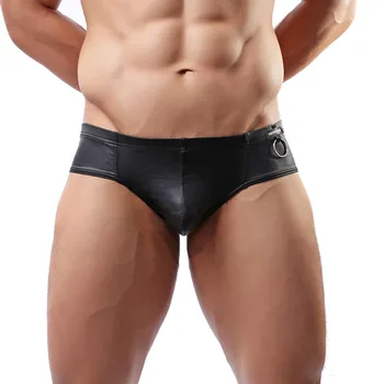 

New Men Sexy Underwear Black Faux Leather Briefs Men's Skinny Big Pouch Briefs Panties Sexy Low-waist Underwear Slip Hombre