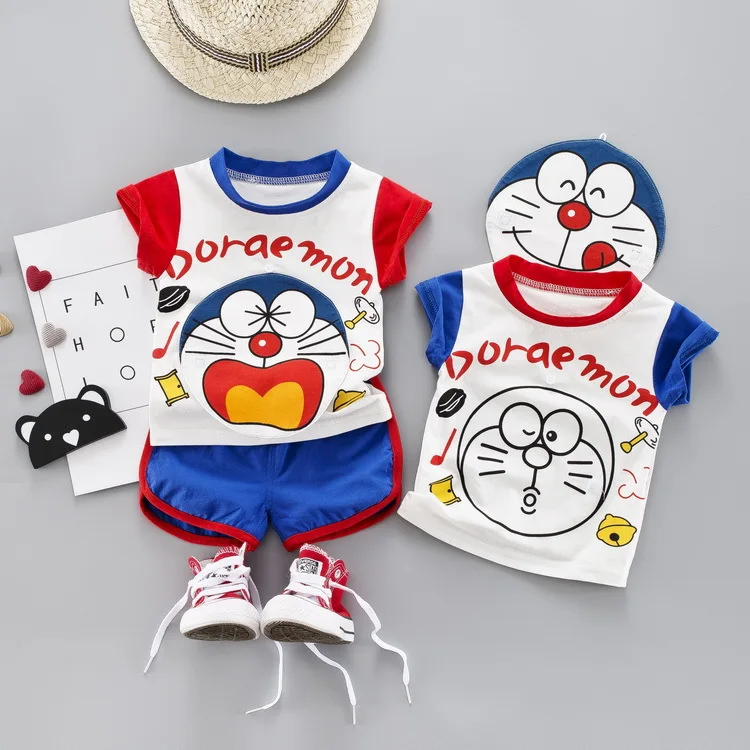 Toddler baby boys girl Clothing sets Summer Kids Replaceable Doraemon pattern T-Shirt+ Short Suits Infant Creativity Tracksuits