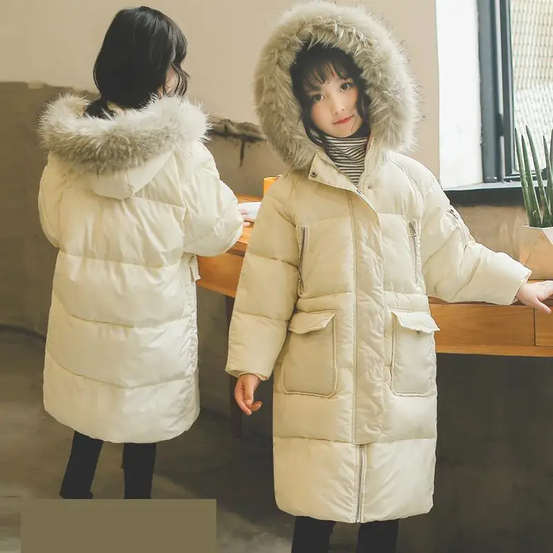 Зимние пальто для маленьких девочек хлопок, пуховики для подростков, большой меховой капюшон, длинная теплая одежда для девочек верхняя одежда, зимний комбинезон, распродажа
