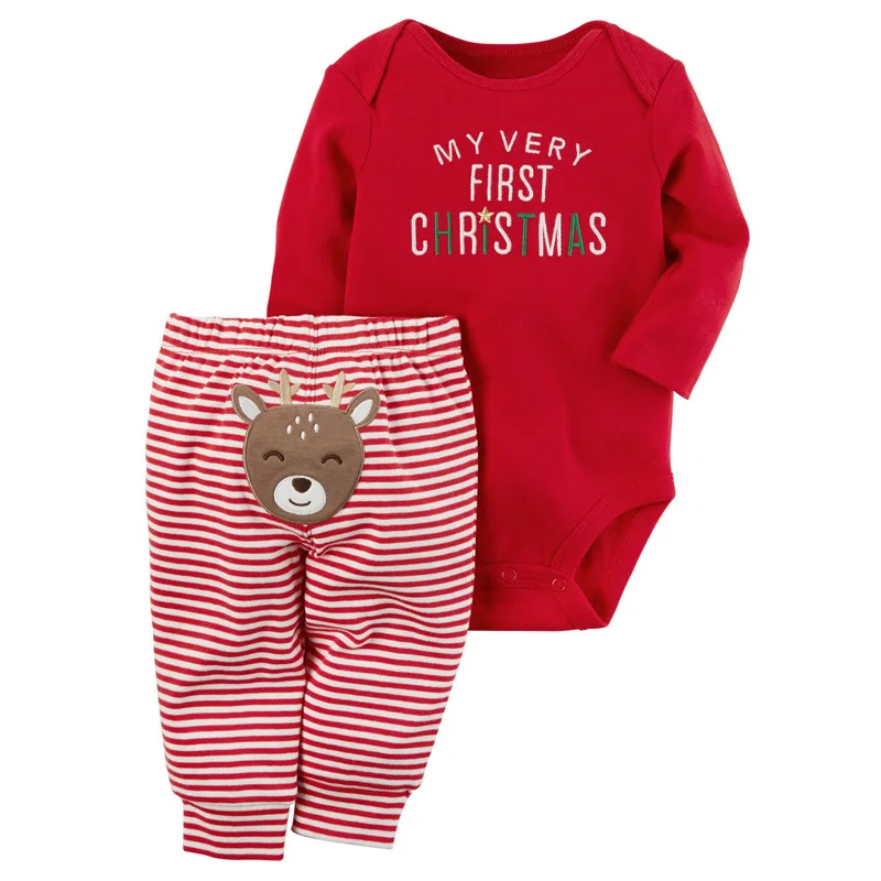 My First Christmas/Одежда для маленьких мальчиков и девочек боди с длинными рукавами для малышей+ штаны в полоску Рождественская одежда для малышей из 2 предметов DS19