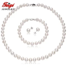 Подлинная пресноводный жемчуг комплект украшений женский 925 серебро колье и серьги с 8 мм-9 мм белый жемчуг изящных ювелирных изделий