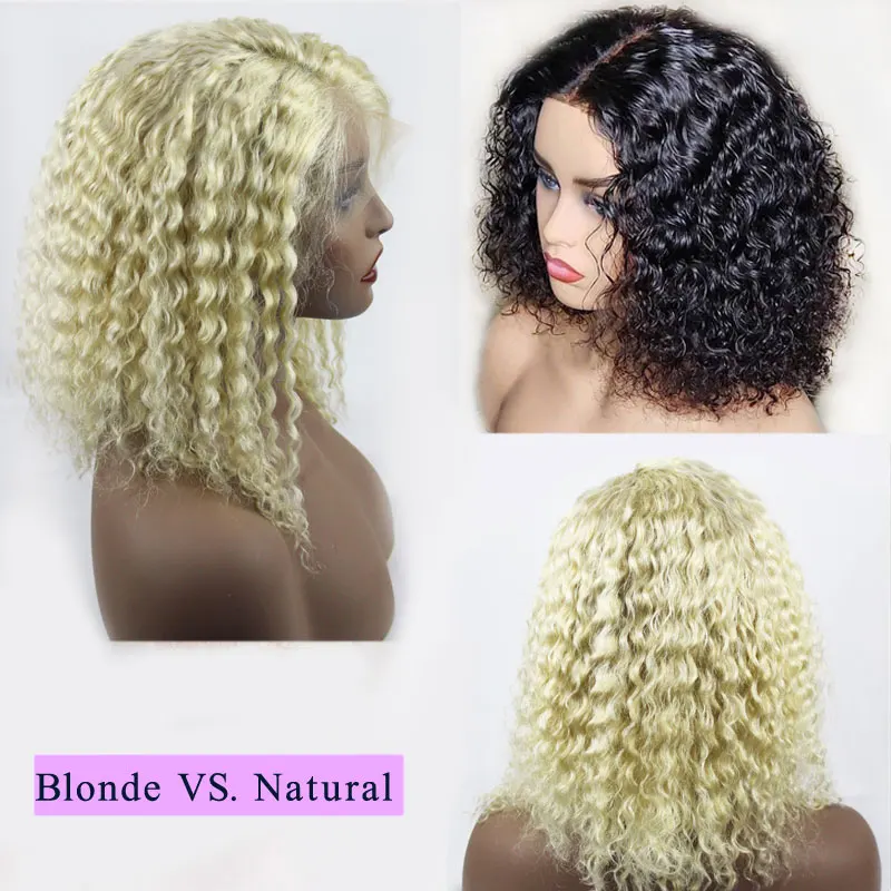 

613 Blonde Short Blunt Cut Bob Lace Front Human Hair Curly Wig Brazilian Remy Transparent Invisible Closure Wig For Black Women