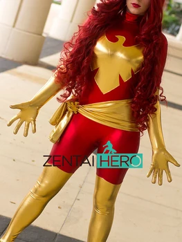 

Free Shipping DHL X-Men Phoenix Jean Grey Sexy Red and Gold Shiny Metallic Superhero Zentai Catsuit Halloween Costume SH112302