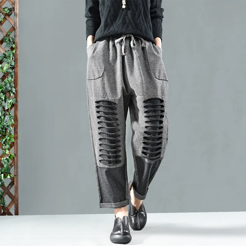 Winter Pants Women Retro Loose Knitting Trousers Elastic Waist pocket