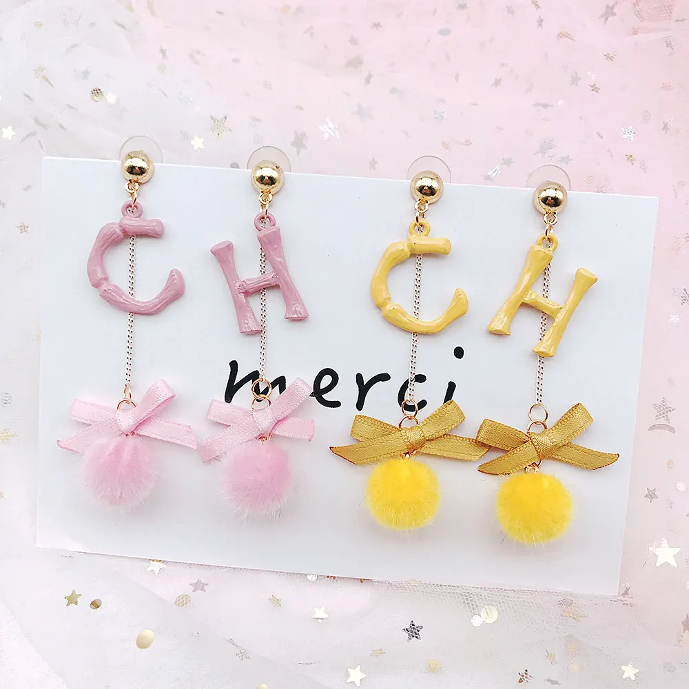 Korea Handmade Word CH Tassel Ball Bow Knot Winter Women Drop Earrings Bangle Fashion Jewelry | Украшения и аксессуары