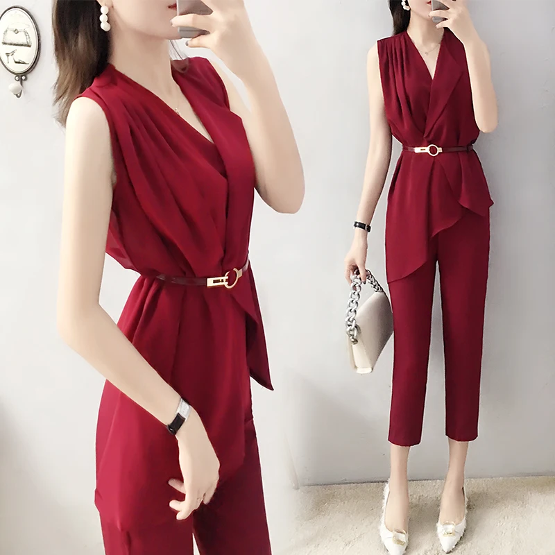 

Sleeveless Woman Suit Two Piece Set Conjunto Feminino Goddess Top&pants Set Women's Summer Suit Ensemble Femme Deux Pieces