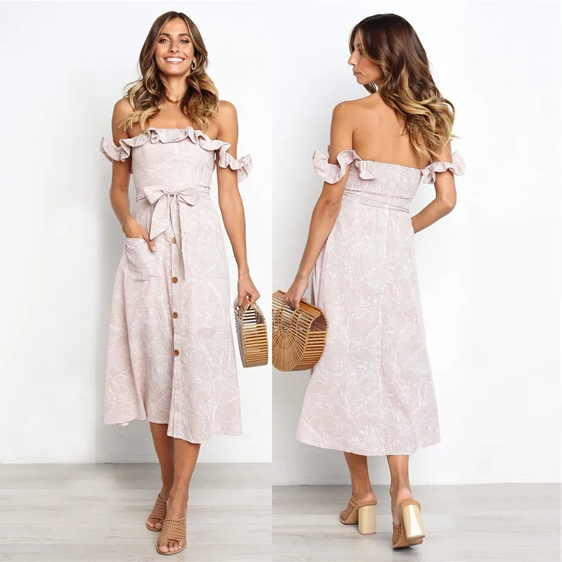

Summer 2019 Women Boho Long Dress Casual Slash-Neck Ruffles Bandage Dress Loose Elegant Streetwear Sexy Ladies Dresses Vestidos