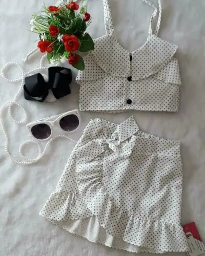 

2019 Infant Kids Baby Girls Off Shoulder Ruffle Tops Bow Skirt Dot Set Clothes Outfits