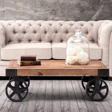 The classical fashion wood and iron table metal furniture four wheels 100 solid wood dining table