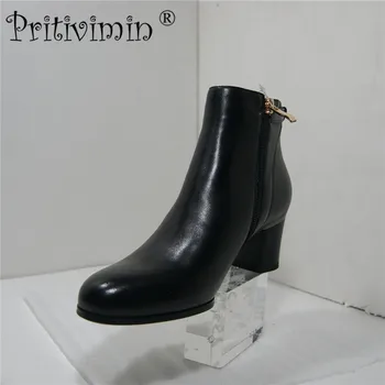 

Pritivimin FN209 Fashion Women Boots With Heels Genuine Leather Boots Rubber Sole Ankle Boots With Zipper Short Plush Shoes Boot