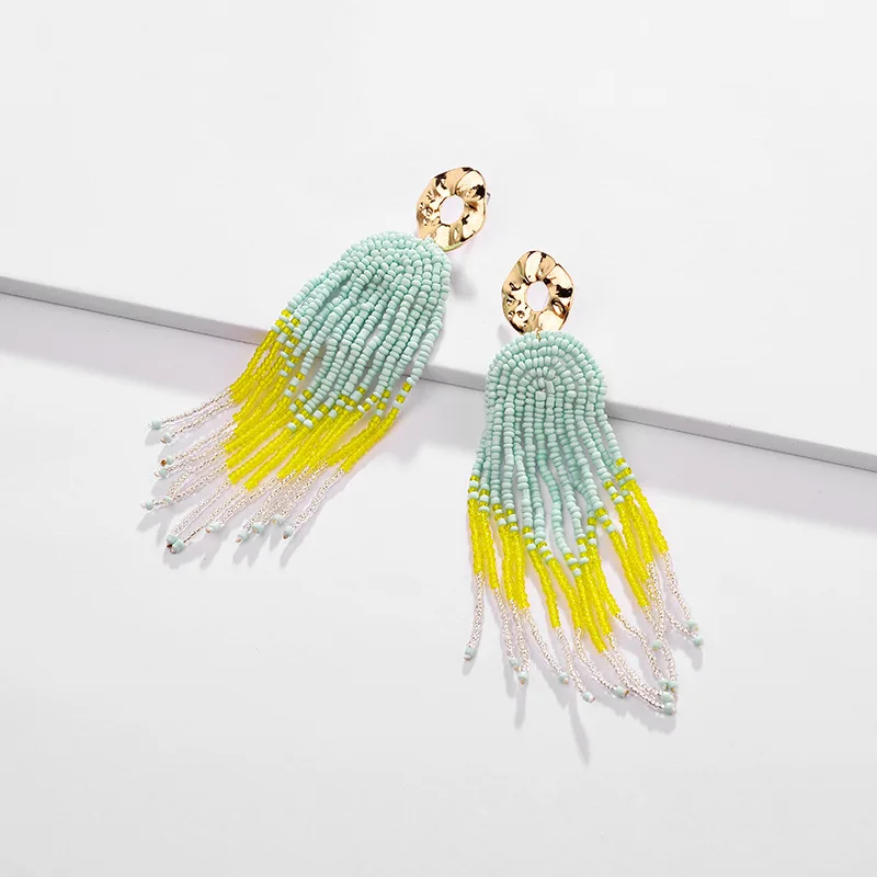 

Unique Designer Bohemian Seed Beads Strand Tassel Earring Boho Statement Earrings for Women Acrylic Earrings