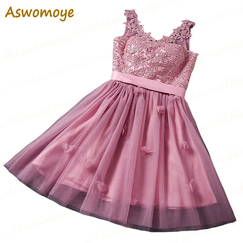 

Aswomoye Pink Short Evening Dress 3D Flower Sashes Lace Up Cheap Party Bride Prom Formal Dress Robe De Soiree vestido de festa
