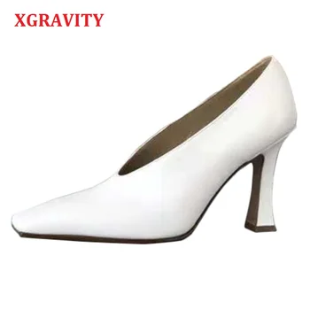 XGRAVITY Ladies Genuine Leather Retro High Heel Pumps Sexy Cow Leather Women Square Toe Heels Lady Fashion Shoes Hot Sales A112 1
