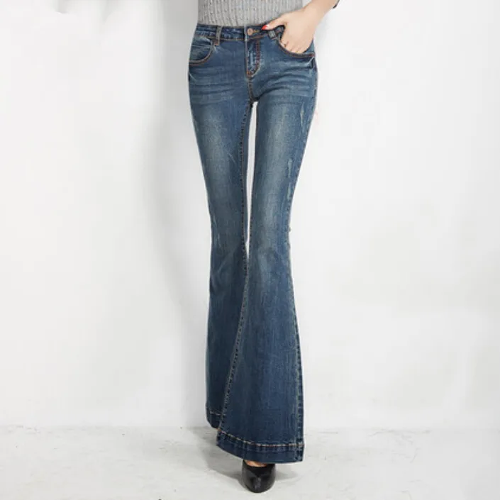 

2017 new Women Flare Jeans Cotton Denim Bell-Bottom Jeans Washed Elastic Pants Slim Denim Pant Large Size F3834