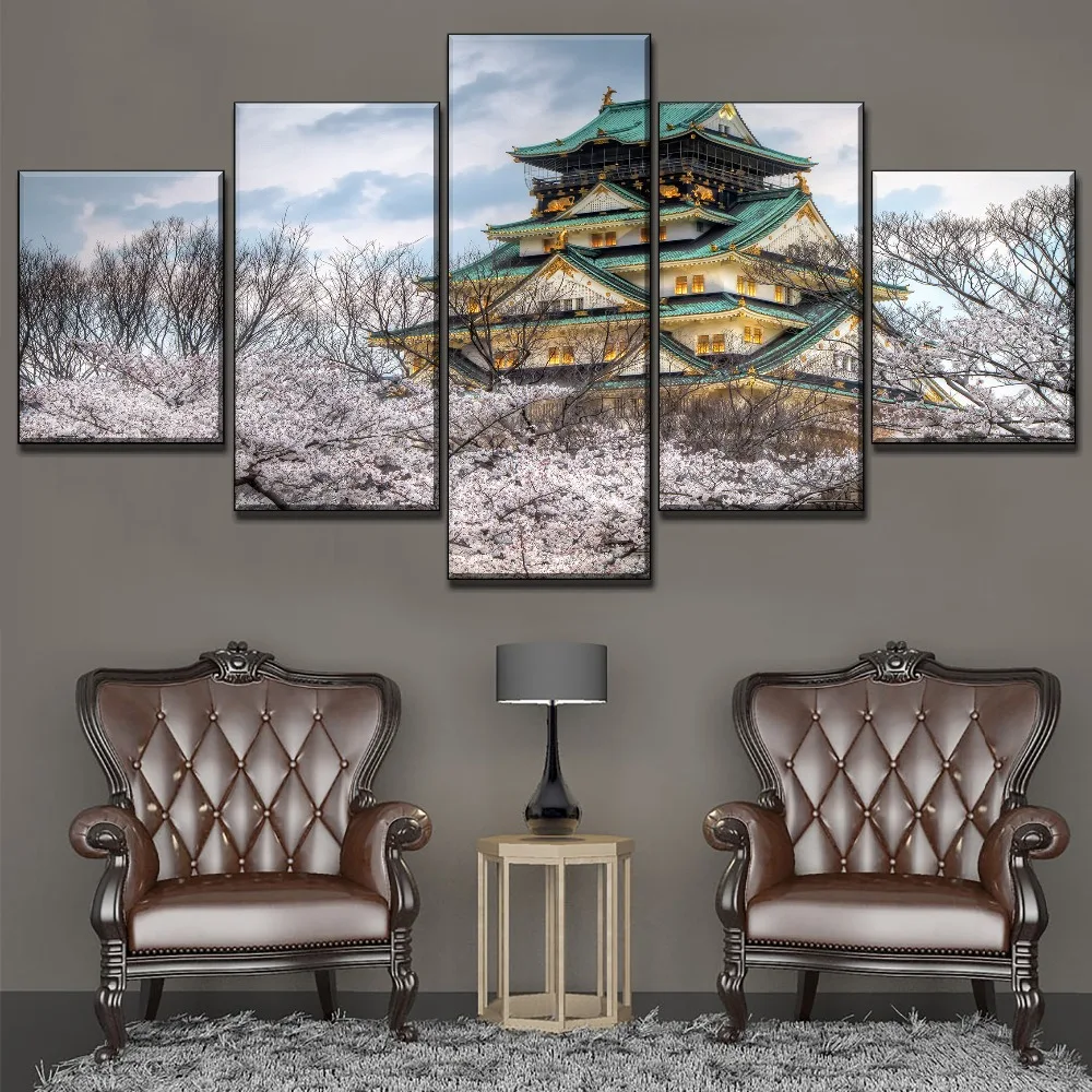 Модульная картина, 5 шт., весна, Сакура, Япония, замок Осаки, живопись, современный холст, печать, тип, произведение искусства, домашний декор, гостиная, стена