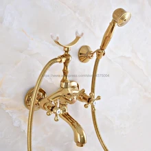 Золотые латунные двойные крестообразные ручки кран для ванны, душа настенное крепление ванной кран с портативный опрыскиватель Nna952