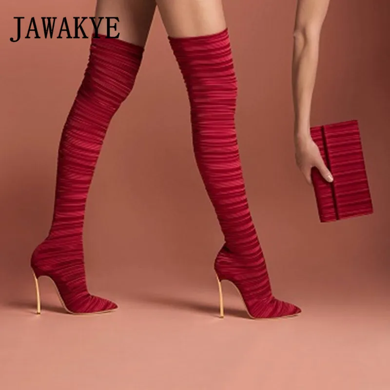 Ranway elastic over the knee boots women sexy pointed toe super thin high heels shoes ladies slim thigh high boots for women