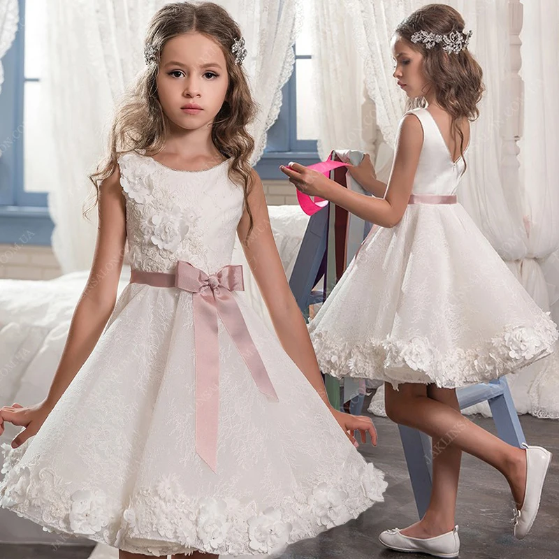 

New Knee Length A Line Flower Girls Dresses for Wedding Lace Applique White Ivory Girls Dresses size 2-16