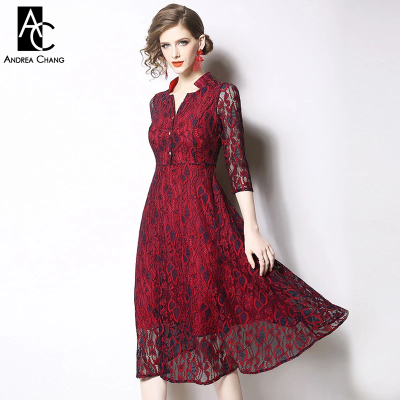 

M-3XL spring summer woman dress dark blue flower heart pattern red lace dress 3/4 sleeve fit and flare calf length vintage dress
