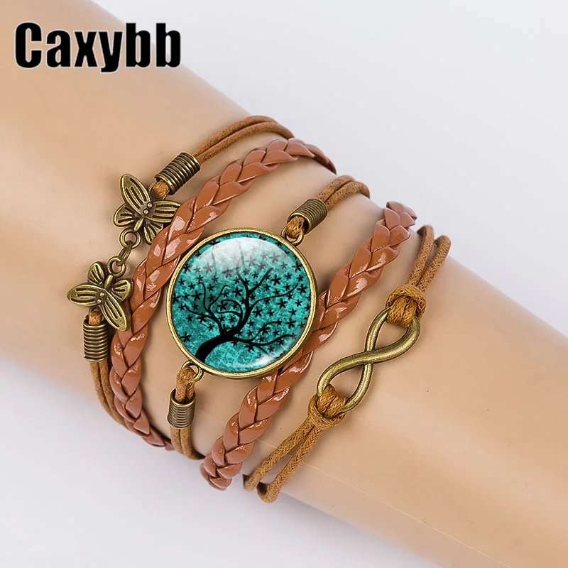 

Caxybb Classic Tree of life Bangles Bracelets Fashion Glass Cabochon Bracelet for Women Newest Bronze Leather Bracelet B-L01