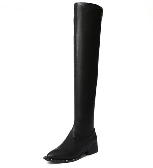 Hot Selling Stretch Fabric Thigh High Boots Pointed toe Rivets Studded Riding Boots Flat Heels Over The Knee Boots for Woman Women's Shoes