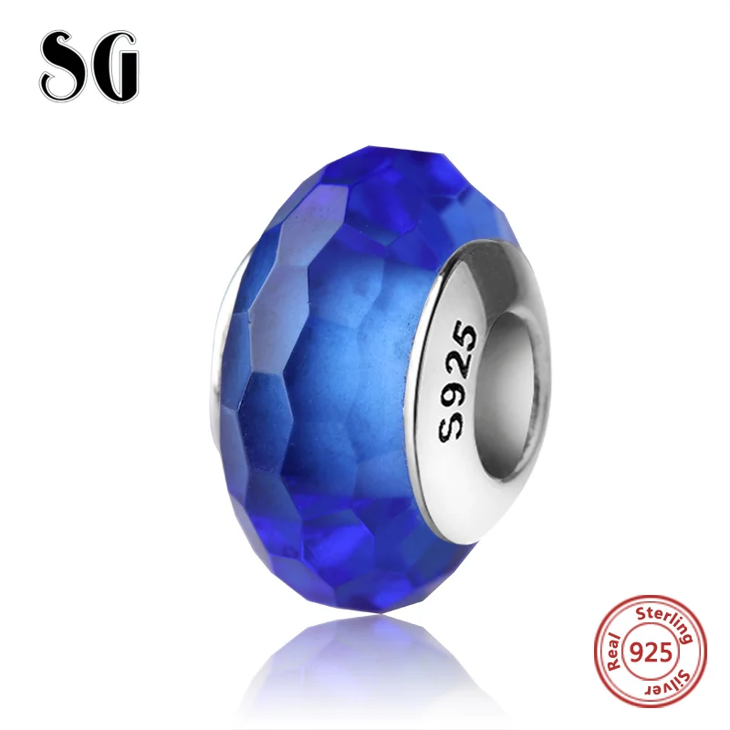 

SG Hot sale Murano glass beads silver 925 sparkling fit authentic blue European charms bracelet original DIY jewelry making gift