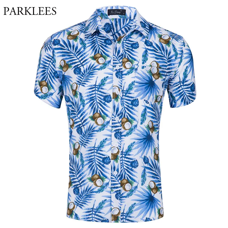 Summer Fashion Coconut Print Hawaiian Shirt Cotton Slim Fit Short ...