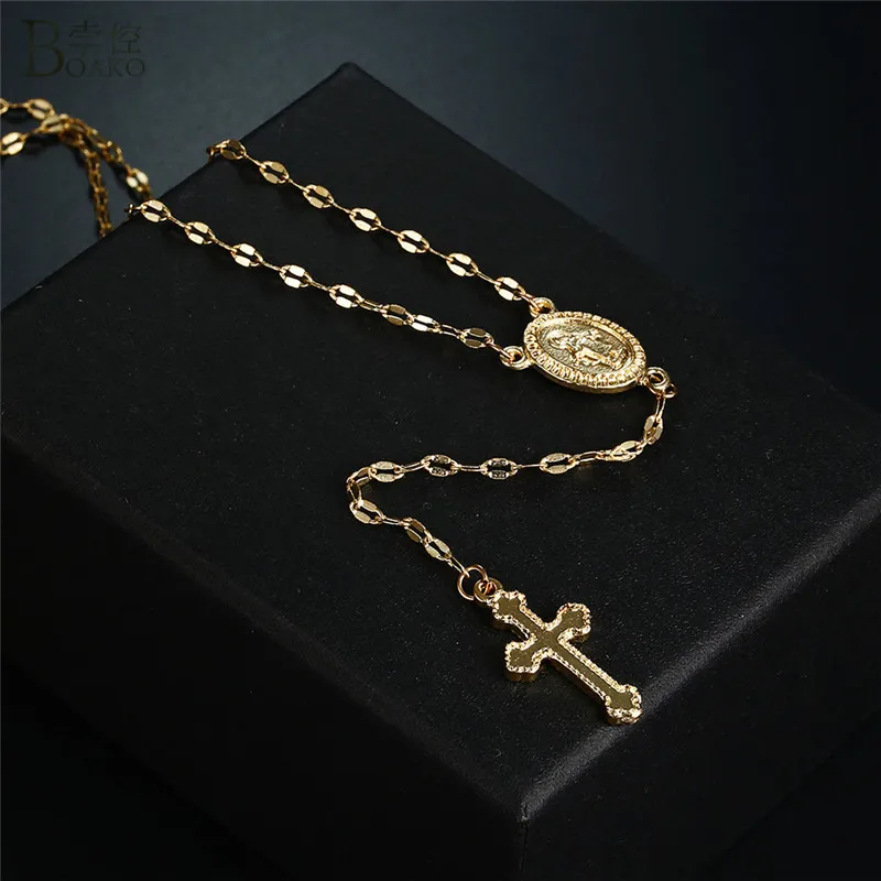 

BOAKO Gold Cross Pendant Necklace Rosary Madonna Coin Necklaces For Women Religious Jewelry Sweater Long Chain Necklace collares