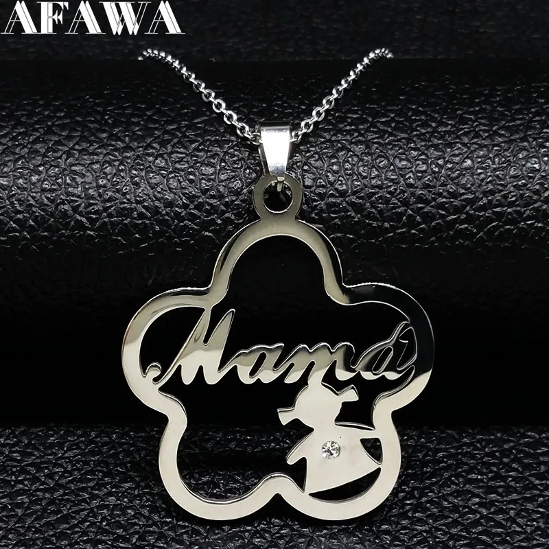 

2019 Stainless Steel Mama Girl Family Pendant Necklace for Women Flower Silver Color Jewelry colgantes mujer moda N18111
