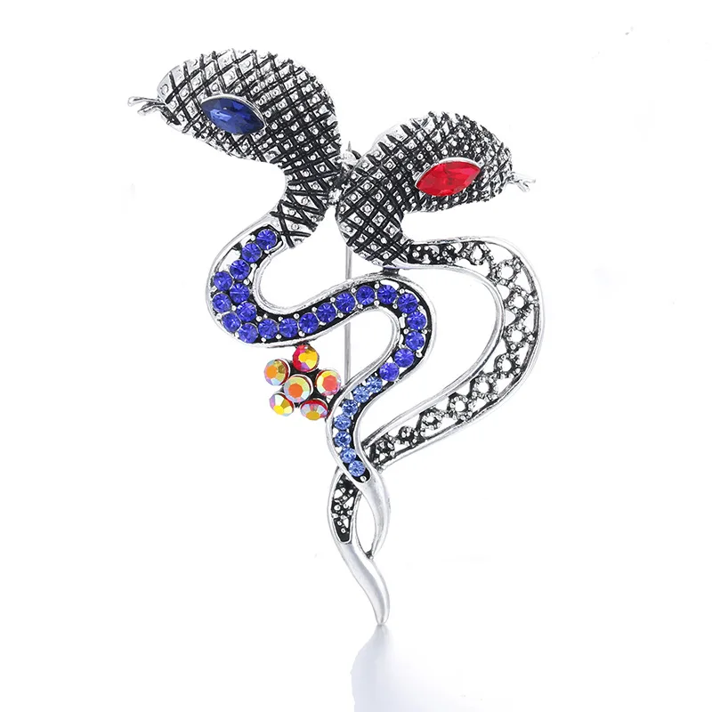 

Vintage Alloy Antique Silver Women Brooch Ornament Crystal Animal Double Snake Brooch Scarf Buckle Clothes Lapel Hijab pins