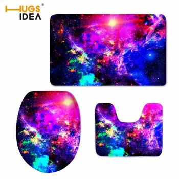 

HUGSIDEA WC Toilet Velvet Floor Carpet 3D Galaxy Space Star Printed 3PCS Set Slip Resistance Area Rugs Mats for Bathroom Pads