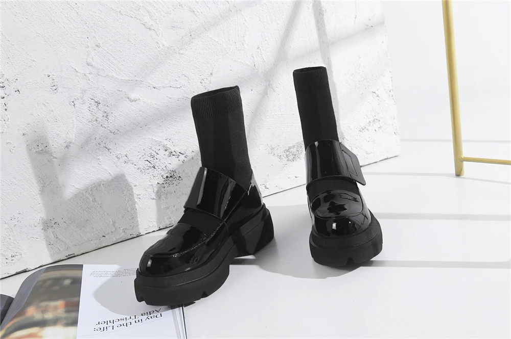 BuonoScarpe/Новинка года; модные сапоги-носки на платформе из натуральной кожи в стиле пэчворк; ботинки на толстом каблуке с круглым носком; эластичные женские ботильоны