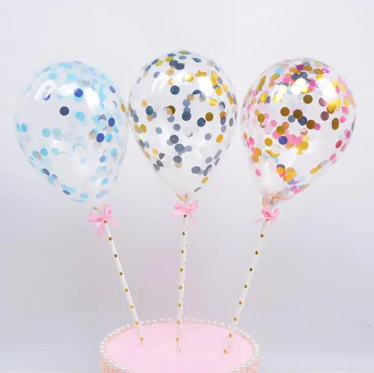 

1pc 5inch Confetti Balloon Cake Topper Decoration with Paper Straw Ribbon Table Baby Shower One Birthday Wedding Party Supplies