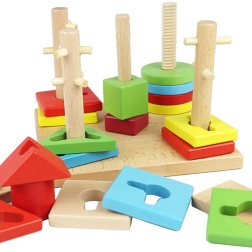 Wooden Column Shapes Stacking Toys Baby Preschool Educational Geometric Sorting Board Blocks
